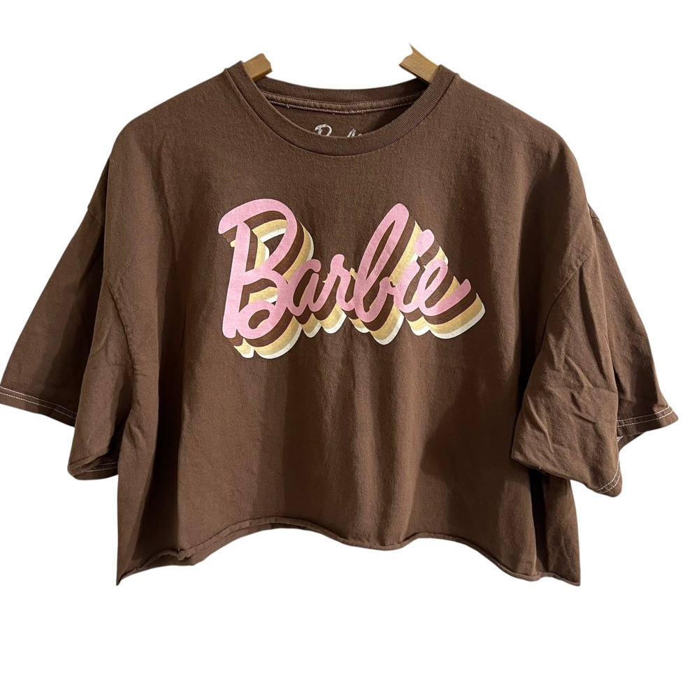Barbie Graphic Crop Top Brown Pink Logo Shirt XL Womens Y2K Cotton Tee
